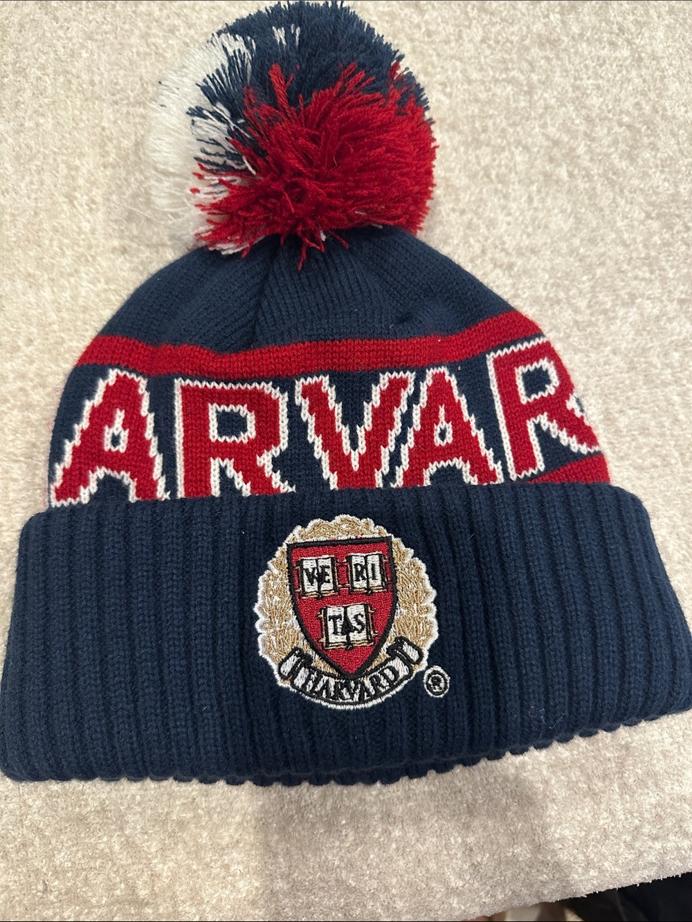 HARVARD  Navy Red White Pom Beanie Hat with Crest